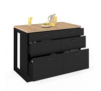IDMarket Ilot central mange-debout Orso 120 cm – 6 tiroirs noir avec plan de travail façon hêtre