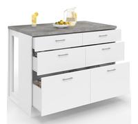 IDMarket - Ilot Central Mange-Debout Orso 120 cm casserolier 6 tiroirs Blanc avec Plan de Travail Effet béton