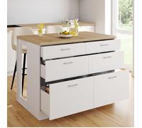 IDMarket - Ilot Central Mange-Debout Orso 120 cm casserolier 6 tiroirs Blanc avec Plan de Travail façon hêtre