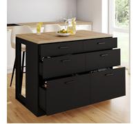IDMarket Ilot central mange-debout Orso 120 cm – 6 tiroirs noir avec plan de travail façon hêtre