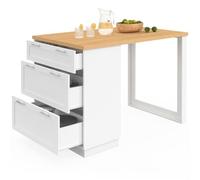 IDMarket - Ilot Central Mange-Debout VITO 130 cm casserolier 3 tiroirs | Coloris blanc et plateau bois, 4 personnes