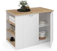 IDMarket Îlot Central TIBO 120 cm Bois Blanc Plan de Travail Hêtre 2 Portes et Étagères