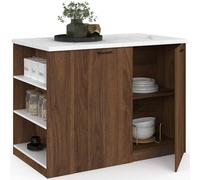 IDMarket - Ilot Central TIBO 120 cm Bois foncé Effet Noyer avec Plan de Travail Effet marbre Alaska