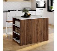 IDMarket - Ilot Central TIBO 120 cm Bois foncé Effet Noyer avec Plan de Travail Effet marbre Alaska