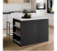 Ilot central TIBO 120 cm bois noir avec plan de travail effet marbre ALASKA