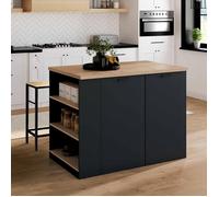Ilot central TIBO 120 cm bois noir avec plan de travail façon hêtre