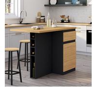 IDMARKET Ilot central TINO 120 cm avec range-bouteilles 4 personnes bois noir avec plan de travail façon hêtre