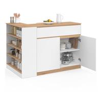 IDMarket - Ilot Central TOMI 130 cm 2 Personnes Double Plateau Bois Blanc avec Plan de Travail façon hêtre