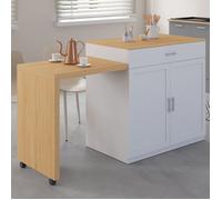 IDMarket - Ilot Central VITO 94-155 cm Bois Blanc avec Table à Manger Extensible intégrée façon hêtre