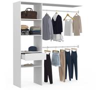 IDMarket – Kit dressing MELINE 160x40x180 cm blanc avec étagères, tiroir et double penderie