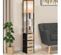 IDMARKET Lampadaire industriel en bois noir avec étagères bois clair 3 tiroirs tissu UTAH et abat-jour carré blanc