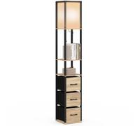 IDMarket - Lampadaire industriel en bois noir avec étagères bois clair | Avec 3 tiroirs tissu utah, abat-jour carré blanc