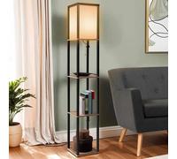 IDMarket - Lampadaire industriel en bois noir avec étagères en bois clair et abat-jour carré blanc