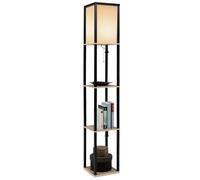 IDMarket - Lampadaire industriel en bois noir avec étagères en bois clair et abat-jour carré blanc