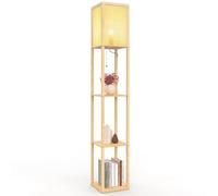 Lampadaire naturel en bois clair avec étagères et abat-jour carré effet cannage Naturel