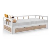 IDMarket Lit banquette Zoya 90x190 cm convertible 180x190 cm blanc et hêtre avec tiroir de rangement