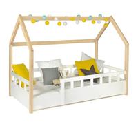 IDMarket - Lit cabane Enfant 80 x 160 CM NEREE Blanc et hêtre avec sommier et barrières