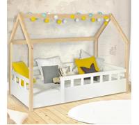 Lit cabane enfant 80 x 160 cm neree blanc et hêtre avec sommier et barrières
