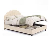 IDMarket - Lit coffre double avec sommier 140 x 190 cm velours beige | coquillage AMANDA avec tête de lit et sommier 140 x 190 cm