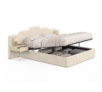 IDMarket - Lit coffre double avec tables de chevet beige | CLOUD avec tête de lit matelassée + tables de chevet intégrées et sommier 160 x 200 cm velours beige