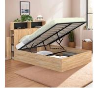 IDMarket - Lit Coffre Double Clyde avec tête de lit + rangements et sommier 140 x 190 cm façon hêtre et Noir