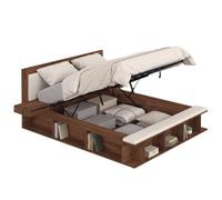 IDMarket - Lit coffre double KIRO 140 x 190 cm effet noyer et tissu beige | Tête de lit matelassée, tables de chevet et sommier