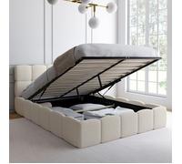 IDMarket – Lit coffre double Nuage, tête matelassée, sommier 140 x 190 cm, tissu bouclette blanc