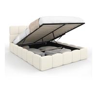IDMarket - Lit Coffre Double Nuage avec tête de lit matelassée et sommier 140 x 190 cm Tissu Bouclette Blanc
