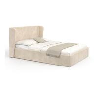 IDMarket - Lit Coffre Double OREA avec tête de lit enveloppante à Oreilles et sommier 140 x 190 cm Velours Beige