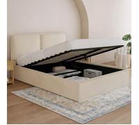 IDMarket - Lit Coffre Double Pilou avec tête de lit Oreiller et sommier 140 x 190 cm Velours Beige