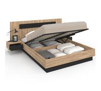 IDMarket Lit coffre Santa – tête de lit et tables de chevet intégrées, sommier 140x190cm bois/noir