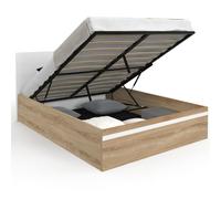 IDMarket - Lit Coffre Double Seaside 140 x 190 cm façon hêtre et Blanc | Avec tête de lit oreiller et sommier