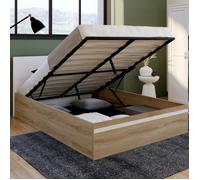 IDMarket - Lit coffre double Seaside avec tête de lit et sommier 140 x 190 cm façon hêtre et blanc