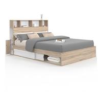 IDMarket - Lit Double Clem 140 x 190 cm hêtre et Blanc | Avec rangements + tête de lit et sommier