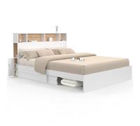 IDMarket - Lit Double Clem 160 x 200 cm Blanc et hêtre | Avec rangements + tête de lit et sommier