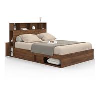 IDMarket - Lit Double Clem avec rangements + tête de lit et sommier 140 x 190 cm Effet Noyer