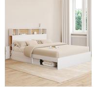 IDMARKET Lit double CLEM avec rangements + tête de lit et sommier 160 x 200 cm blanc et hêtre