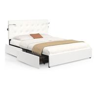 IDMarket - Lit Double MAEL 140 x 190 cm avec tête de lit capitonnée PVC Blanc liseuses intégrées et sommier et 2 tiroirs sur roulettes