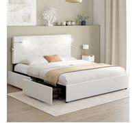 Lit double MAEL 140 x 190 cm avec tête de lit capitonnée PVC blanc liseuses intégrées et sommier et 2 tiroirs sur roulettes