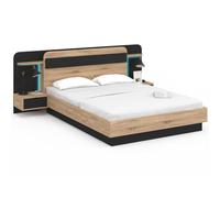 IDMarket Lit double 140 x 190 cm NATHAN - tête de lit, chevets suspendus, LED, sommier bois noir