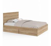 IDMarket - Lit Double Omaha 140 x 190 cm façon hêtre | 4 tiroirs sur roulettes avec tête de lit et sommier