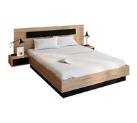 IDMarket Lit double SANTA 140 x 190 cm tête de lit avec chevets suspendus sommier bois et noir