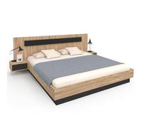 IDMarket - Lit Double Santa avec tête de lit + Tables de Chevet intégrées et sommier 180 x 200 cm Bois et Noir