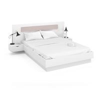 IDMarket - Lit Double Santa avec tête de lit + Tables de Chevet intégrées et sommier 140 x 190 cm Blanc