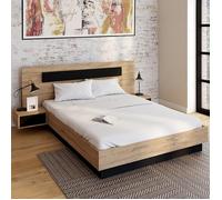 IDMARKET Lit double SANTA 140 x 190 cm tête de lit avec chevets suspendus et sommier bois et noir