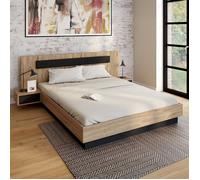 IDMarket - Lit Double Santa avec tête de lit + Tables de Chevet intégrées et sommier 160 x 200 cm Bois et Noir