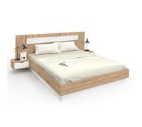IDMarket - Lit Double Santa avec tête de lit + Tables de Chevet intégrées et sommier 160 x 200 cm Bois et Blanc