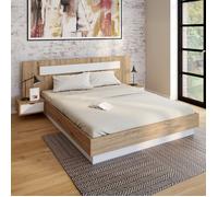 IDMarket Lit double Santa – tête de lit et tables de chevet intégrées + sommier 160x200 Bois/Blanc