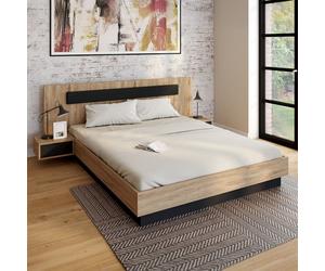 IDMARKET Lit double SANTA avec tête de lit + tables de chevet intégrées et sommier 160 x 200 cm bois et noir