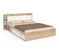 IDMarket - Lit Double Sari 140 x 190 cm Bois et Blanc | Avec rangements, sommier et tête de lit
